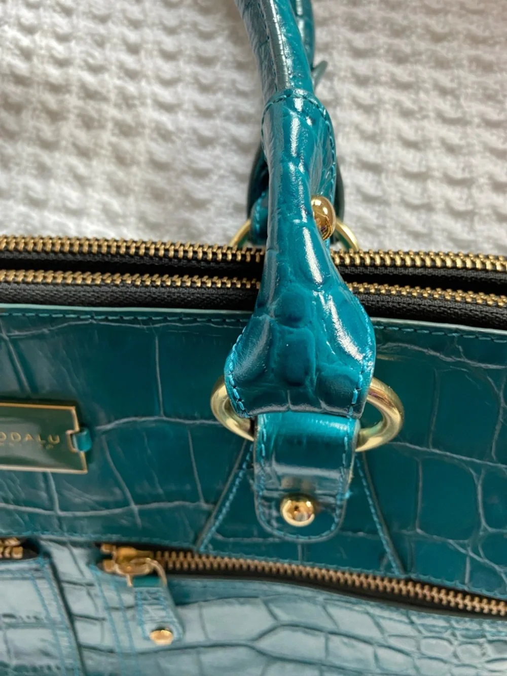 Modalu Teal Leather Croc-Embossed Satchel with Gold Hardware